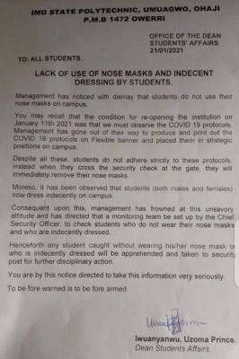 IMOPOLY notice to students on disregard for COVID-19 protocols