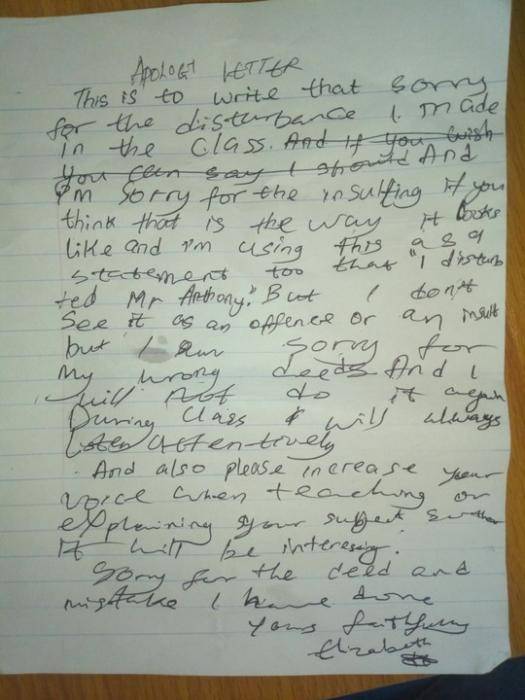 Teacher shares the ''rude'' apology letter he got from a JSS2 student ...