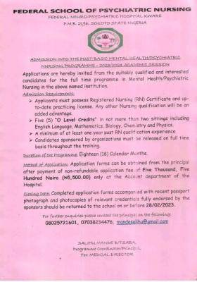 Federal School of Psychiatric Nursing, Kware admission into Post Basic Mental Health / Psychiatric Nursing, 2023/2024
