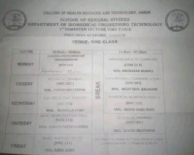 College of Health Science and Technology, Jahun first semester lecture timetable, 2023/2024
