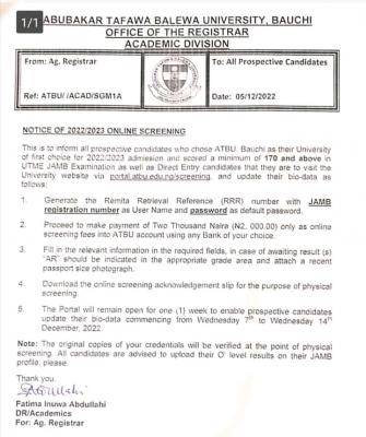 ATBU Releases 2022/2023 Post-UTME Admission Form