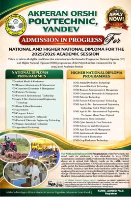 Akperan Orshi Polytechnic, ND/HND admission, 2025/2026  session