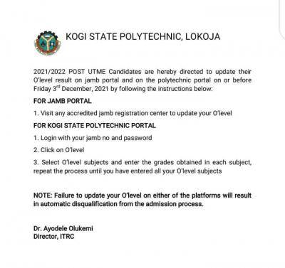 Kogi poly announces deadline for 2021 Post-UTME candidates to upload their results