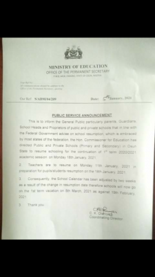 Osun State Ministry of Education notice on resumption of schools