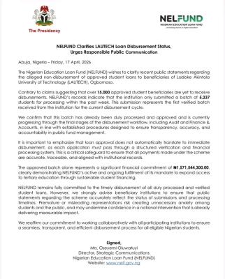 NELFUND clarifies LAUTECH loan disbursement status, urges responsible public communication