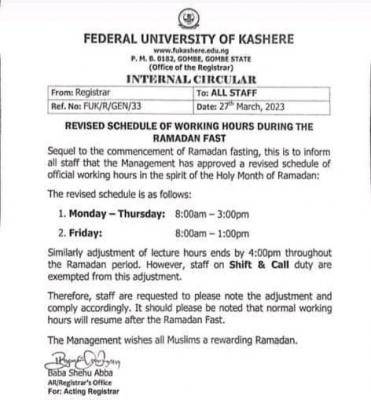 FUKASHERE revised schedule of working hours during Ramadan period