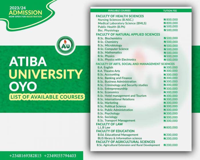 Atiba Universitiy proposed tuition fee schedule, 2023/204