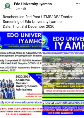 Edo University Iyahmo date for re-scheduled 2nd Batch 2020 Post UTME screening