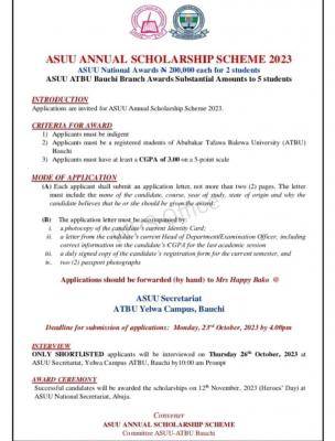 ATBU application into ASUU Annual Scholarship Scheme, 2023