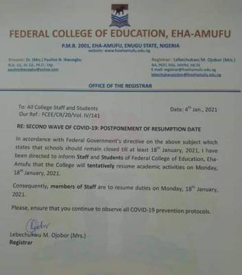 FCE Eha-amufu postpones resumption