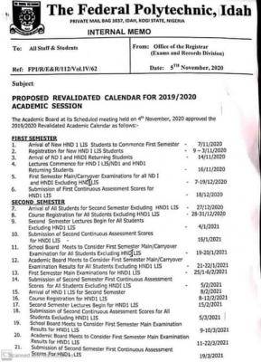 Federal Polytechnic Idah revalidated 2019/2020 academic calendar