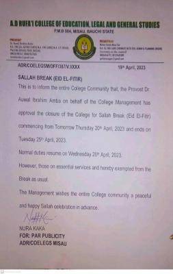 A'D Rufai College of Education notice on Sallah Break