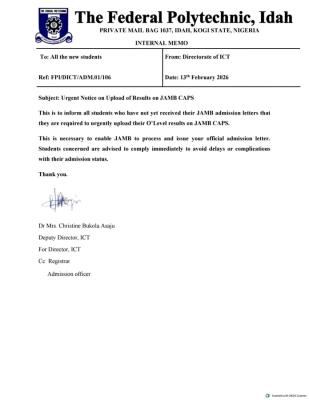 Federal Poly Idah notice to prospective students on upload of Results on JAMB CAPS