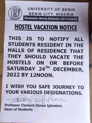UNIBEN hostel vacation notice