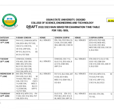 UNIOSUN 2022/2023 Rain Semester examination timetable