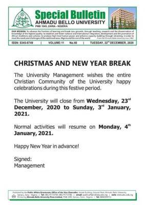 ABU issues notice on christmas and new year break