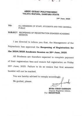 Abdu Gusau Polytechnic notice on reopening of registration, 2024/2025