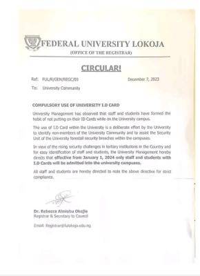 FULOKOJA notice to the university community on compulsory use of ID CARD