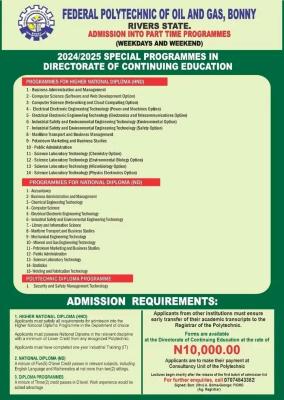 Federal Polytechnic of Oil & Gas, Bonny admission into special Programmes, 2025/2026