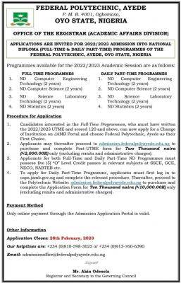 Federal Polytechnic Ayede Admission Form 2022/2023