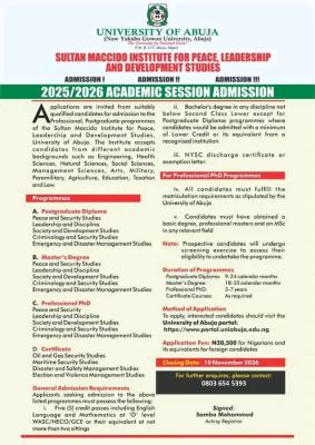 UNIABUJA Sultan Maccido Institute opens admission for 2025/2026 session