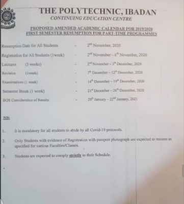 Ibadan Poly proposed 2019/2020 academic calendar for part-time students