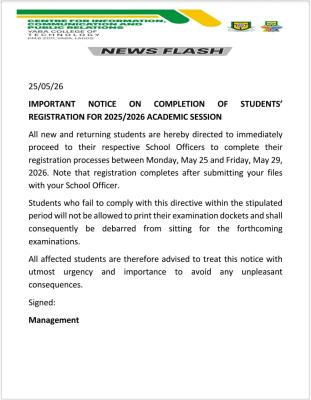 YABATECH notice on completion of Registration Exercise, 2025/2026 academic session