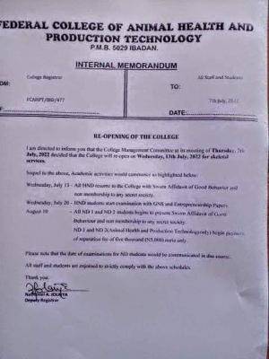 Federal College of Animal Health & Technology Ibadan notice on resumption of academic activities