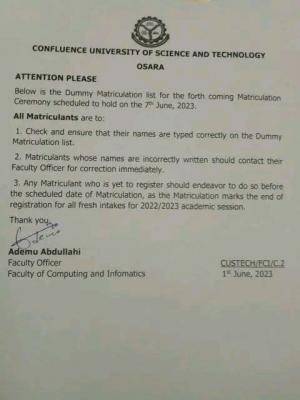 CUSTECH important notice to freshers on upcoming matriculation