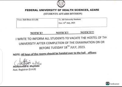 FUHSA notice on vacation of Hostel after completion of exams