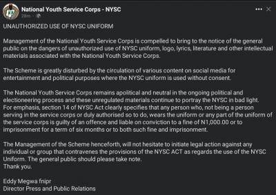 NYSC notice on unauthorized use of uniform