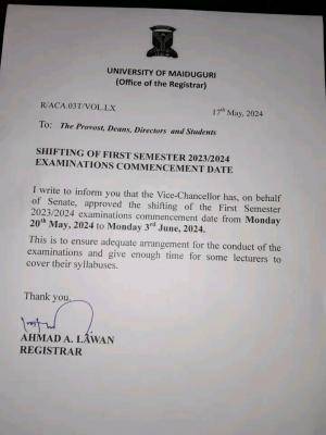 UNIMAID notice on shifting of 2023/2024 first semester examination date