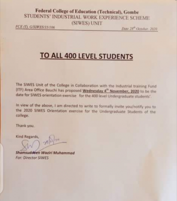 Federal College of Education (Technical) Gombe notice to 400L students on SIWES