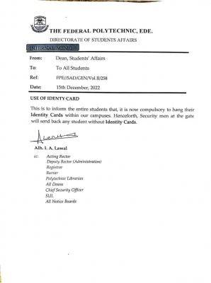 EDEPOLY notice to all students on the use of identity card