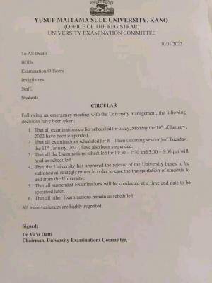 Yusuf Maitama Sule, Kano update on rescheduling of exams