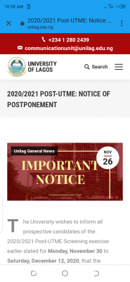 UNILAG postpones 2020/2021 Post UTME screening until further notice