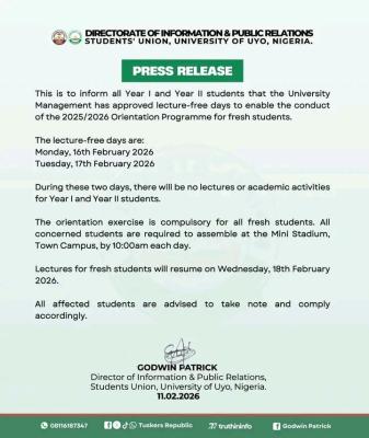 UNIUYO SUG notice on Lecture-Free Days for 2025/2026 Fresh Students’ Orientation