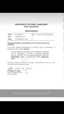 UNIPORT extends Year 1B students vacation