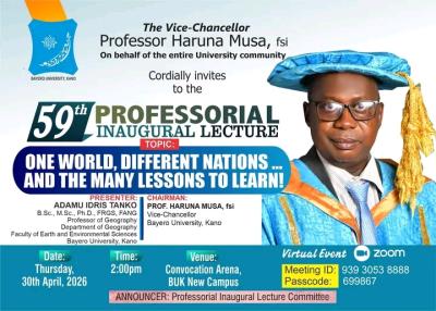 BUK announces 59th Inaugural Lecture