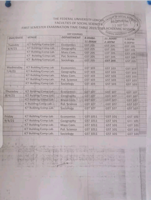 FULokoja 1st semester exam time-table for 2019/2020 session