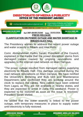 ABU SRC notice on power outage and water scarcity in Ribado and Alex Halls