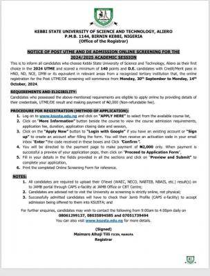 KSUSTA Post-UTME/DE 2024: cut-off mark, eligibility, registration and screening details