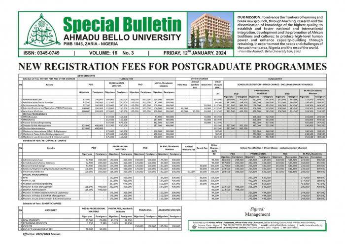 ABU new registration fees schedule for Postgraduate Programmes