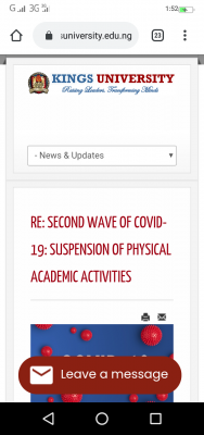 COVID-19: kings university notice on suspension of physical academic activities