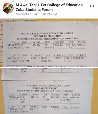 FCT COE, Zuba School of Education 1st semester exam timetable, 2019/2020 session
