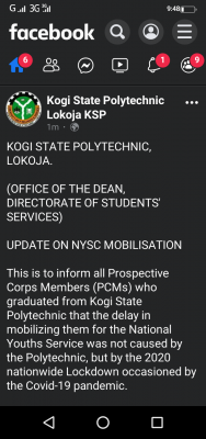 Kogi State Polytechnic notice to prospective corps members on NYSC mobilization
