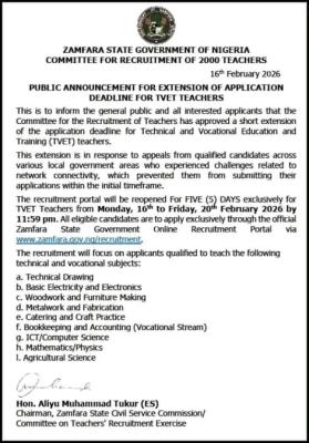 Zamfara State Government extends deadline for TVET teachers recruitment