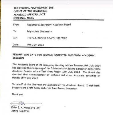 Fed Poly Ede Notice On 2nd Semester Resumption, 2023/2024 Session ...