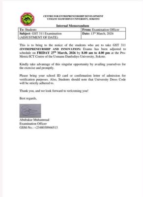 UDUSOK adjusts GST 311 examination date