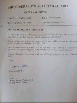 Fed Poly Ilaro notice to new students